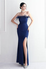 Elegant Feather Trim Strapless Formal Dress