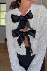 Bow Sequin Cut Out Long Sleeve Jacket