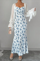 Chiffon Knit Patchwork V Neck Bodycon Floral Dress