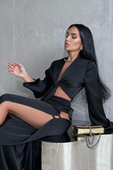 Tie Front Crop Top Split Hem Pants Set