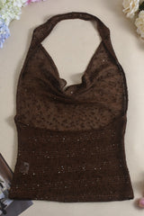 Sheer Sparkling Deep V Cowl Neck Halter Tank Top
