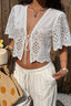 White Hollow Out Flutter Sleeve Vacation Blouse