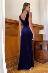 Ruched Velvet Cowl Back Evening Dress