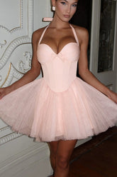 Boned Halter Lace Tie Waist Tulle Mini Dress