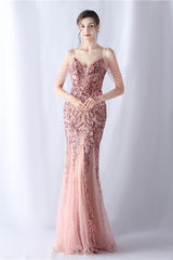 Beaded Mesh Cocktail Maxi Dress Pink / S