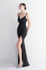 Long Satin Slit Halter Sheath Formal Dress