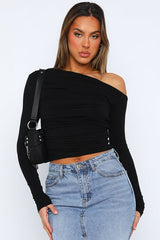 Off Shoulder Ruffled Long Sleeve Knit Top