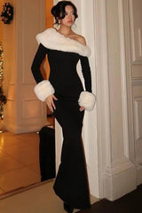 Fur Trim Cold Shoulder Bodycon Dress