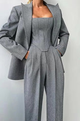 Layered Corset Style Three Piece Blazer Pants Set