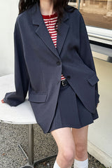 Contrast Sleeve Blazer Pleated Midi Skirt Set