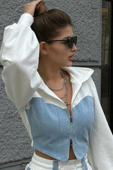 Color Block Casual Hoodie Denim Two Piece Pants Set