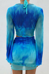 Tie Dye V Neck Tie Front Mesh Flared Sleeve Top Midi Skirt Set
