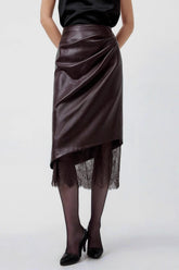 Elegant Lace Trim Leather Skirt