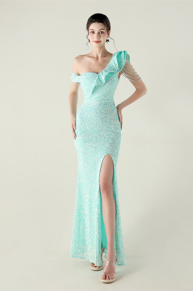 Draped One Shoulder Ruffle Formal Dress S / Blue