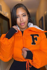 Polar Fleece Patchwork Faux Fur Collar Puffer Jacket