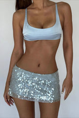 Solid Color Sequin Fitted Party Mini Skirt