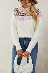 Jacquard Crew Neck Knit Pullover Sweater
