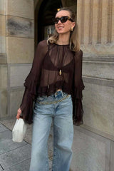 Flared Sleeve Chiffon Ruffle Detail Blouse