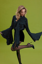 Polka Dot Tie Neck Flare Sleeve Blouse