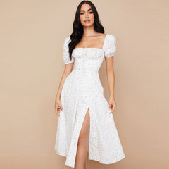 Daisy Printed Puff Sleeve High Slit Smock Maxi Sundress White S / White Sun Dresses