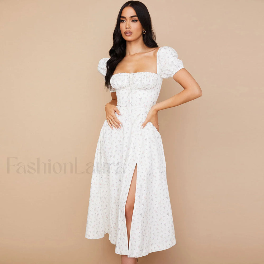 Daisy Printed Puff Sleeve High Slit Smock Maxi Sundress White M / White Sun Dresses