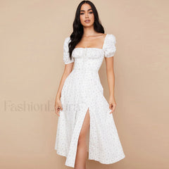Daisy Printed Puff Sleeve High Slit Smock Maxi Sundress White S / White Sun Dresses