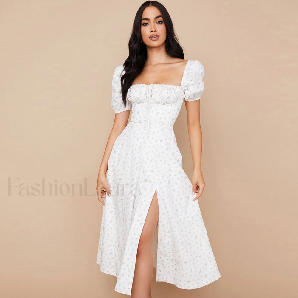 Daisy Printed Puff Sleeve High Slit Smock Maxi Sundress White S / White Sun Dresses