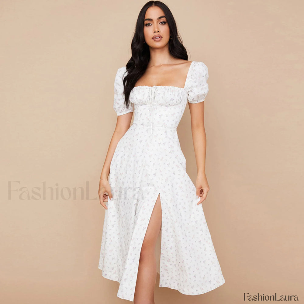 Daisy Printed Puff Sleeve High Slit Smock Maxi Sundress White S / White Sun Dresses