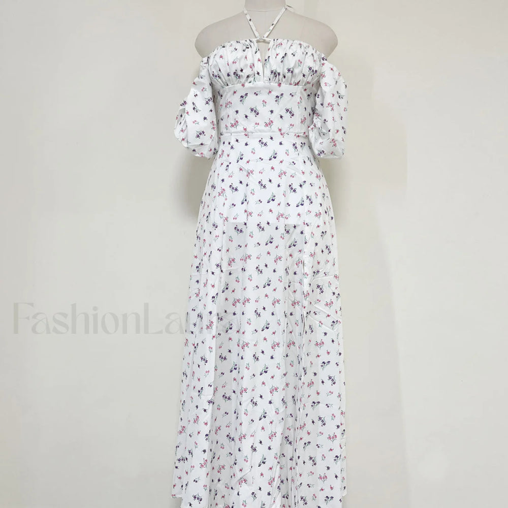 Daisy Printed Puff Sleeve High Slit Smock Maxi Sundress White XL / White Sun Dresses