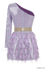 Daria One Shoulder Charming Sequin Feather Dress