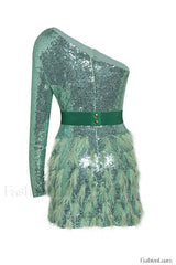 Daria One Shoulder Charming Sequin Feather Dress