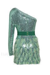 Daria One Shoulder Charming Sequin Feather Dress