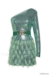 Daria One Shoulder Charming Sequin Feather Dress S / Green