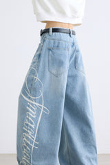Letter Printed Slouchy Wide Leg Versatile Jeans