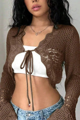 Korejpaa Y2k Clothes Ropa De Mujer Brown Hollowed Out Knitted Cardigan