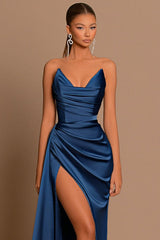 Satin Deep V Corset Slit Formal Dress