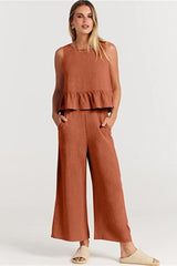 Ruffle Back Button Crop Two Piece Pants Set