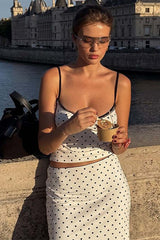 Silk Polka Dot Halter Top High Slit Pencil Skirt Set