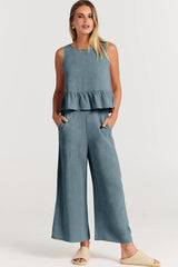 Ruffle Back Button Crop Two Piece Pants Set