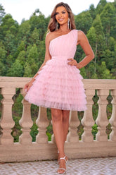 Asymmetric Strapless Tiered Tulle Ball Gown Mini Dress