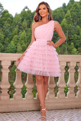Asymmetric Strapless Tiered Tulle Ball Gown Mini Dress