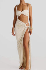 Solid Backless Hollow Beach Maxi Skirt Set