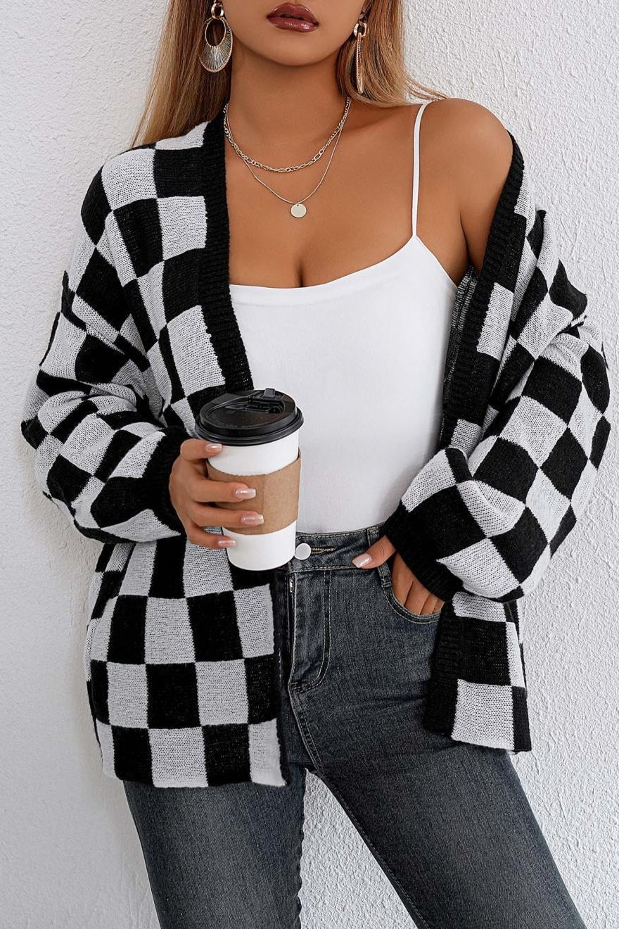 Checkered Knit Cardigan S / Black