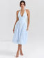 Deep V Halter Pleated Midi Dress Blue / S