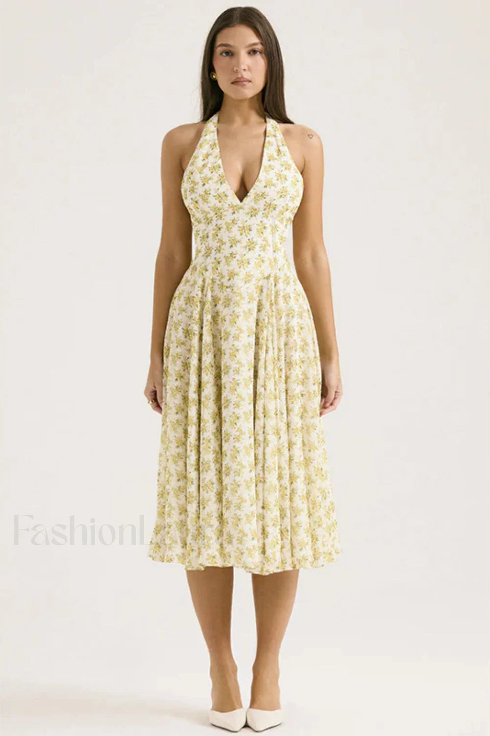 Deep V Neck Backless Floral A Line Floral Dress