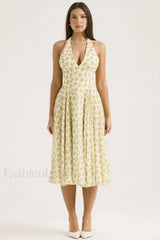 Deep V Neck Backless Floral A Line Floral Dress