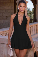 Deep V Neck Halter Waist Sexy Hottie Mini Dress Black / S