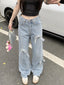 Denim Bow High Trendy Waist Wide Leg Jeans Light Blue / L women clothing