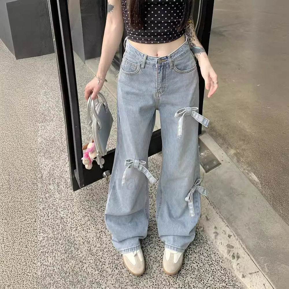 Denim Bow High Trendy Waist Wide Leg Jeans women clothing
