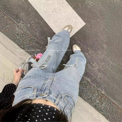Denim Bow High Trendy Waist Wide Leg Jeans women clothing